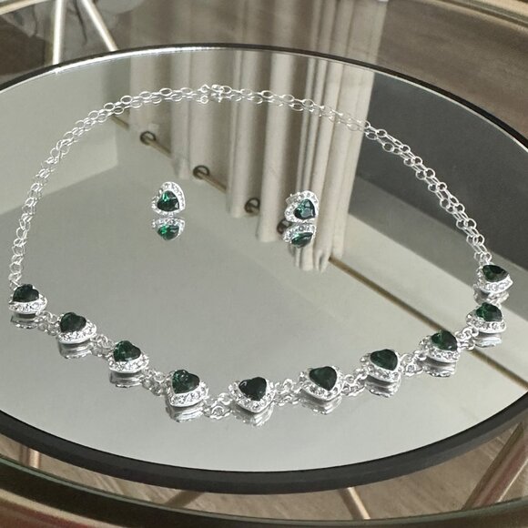 Sterling Silver 925 Choker Heart Green Zircons Stunning Set & Earrings - Picture 1 of 12